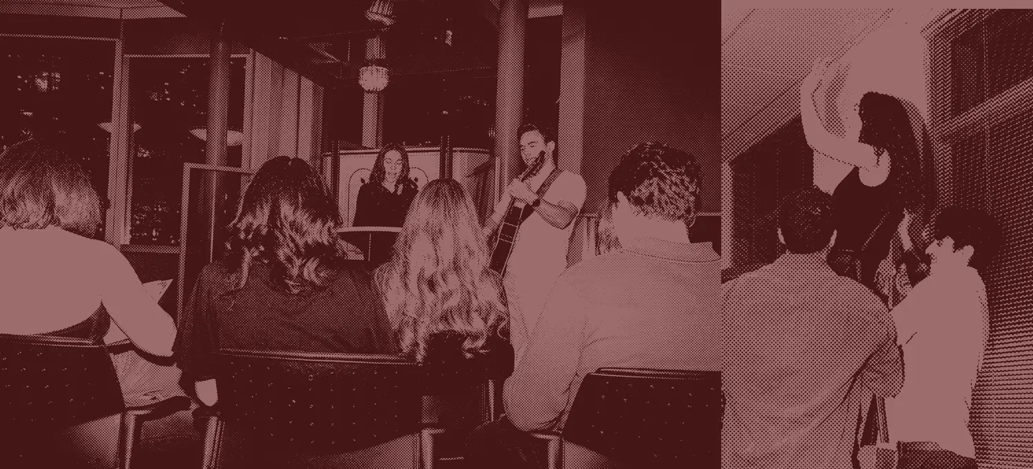 Young professionals at an evening acoustic performance at a Hillel post-grad gathering