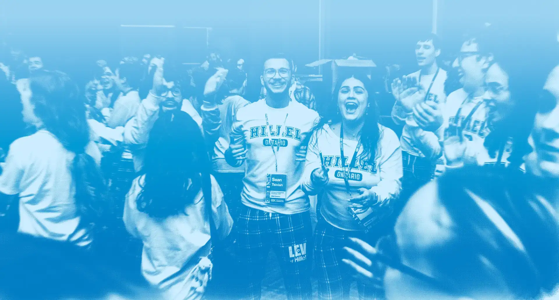 A cheering crowd of Hillel students in blue halftone — the You chapter cover